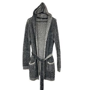 Neiman Marcus Cardigan Open Front, Belted Sweater Hoodie, Eyelash Fabric, sz  L